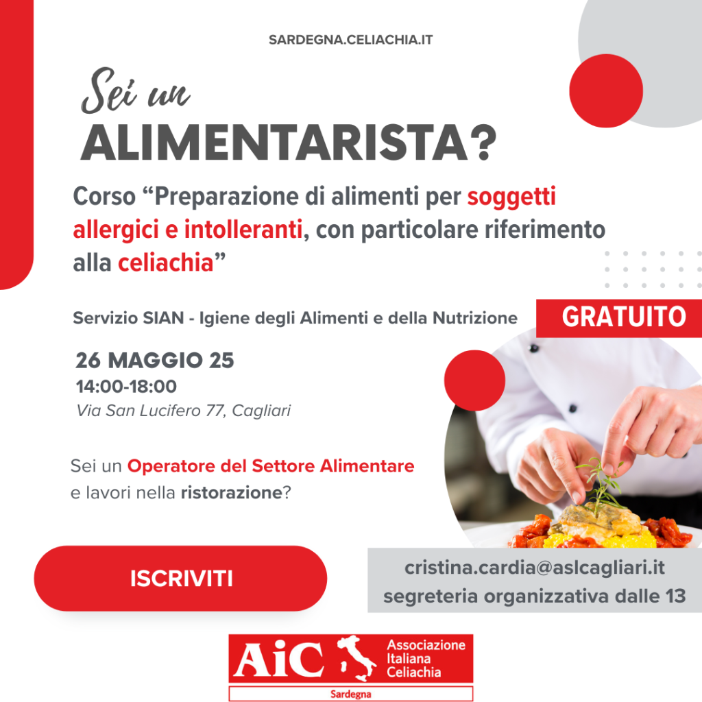 Locandina del corso gratuito per alimentaristi sulla preparazione di alimenti per soggetti allergici, intolleranti e celiaci, organizzato da AIC Sardegna e SIAN, il 26 maggio 2025 a Cagliari.