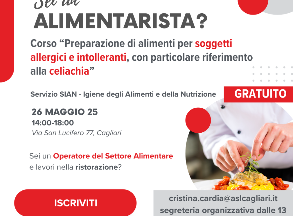 Locandina del corso gratuito per alimentaristi sulla preparazione di alimenti per soggetti allergici, intolleranti e celiaci, organizzato da AIC Sardegna e SIAN, il 26 maggio 2025 a Cagliari.